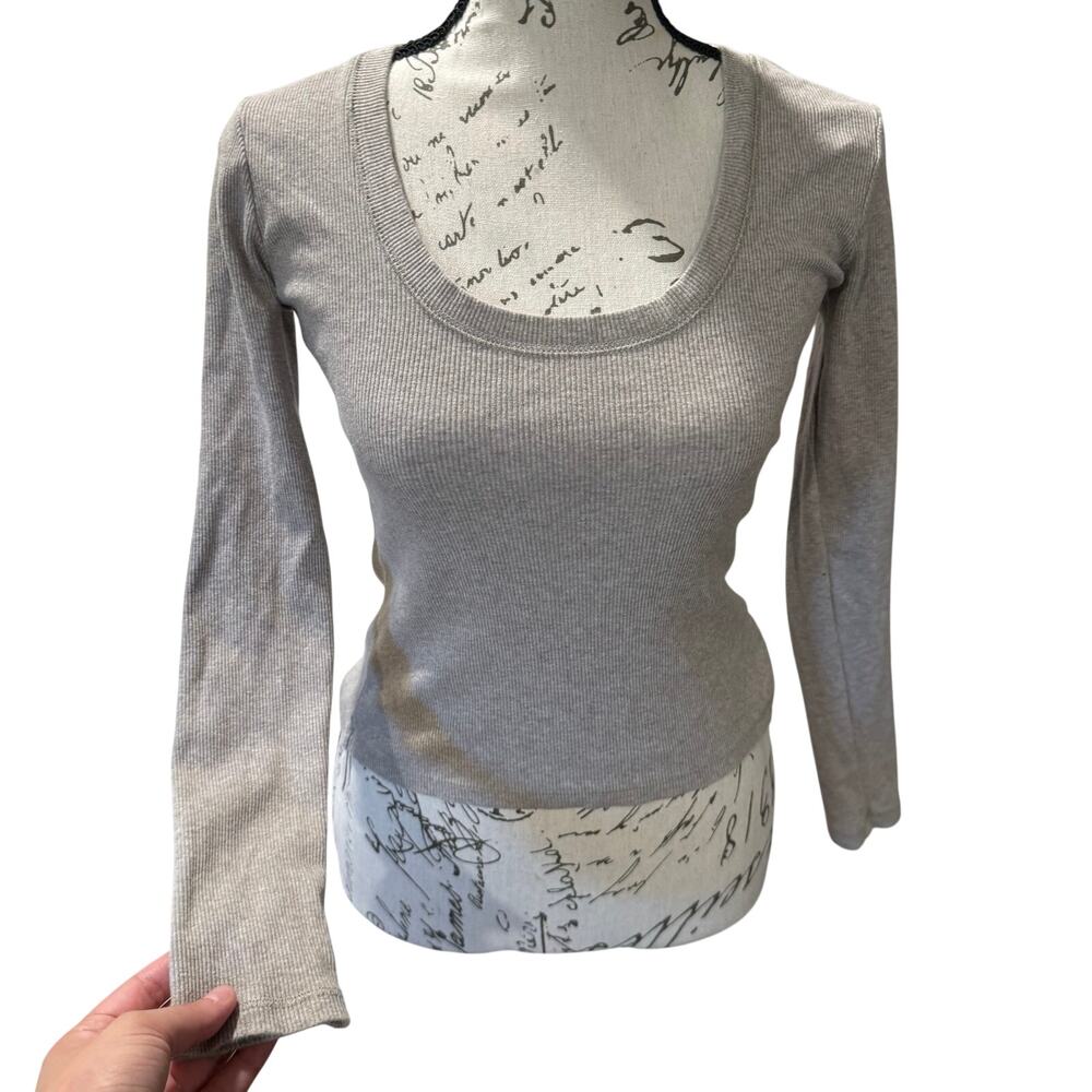 Z Supply Oatmeal Speckled Ribbed Scoop Neck Long Sleeve Basic Tee XS Minimalist